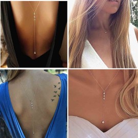 Yheakne Wedding Crystal Background Necklace Gold CZ Y Lariat Necklace Chain Long Rhinestone Y Necklace Bridal Back Necklace Body Jewellery for Women and Girls, Metal, Rhinestone