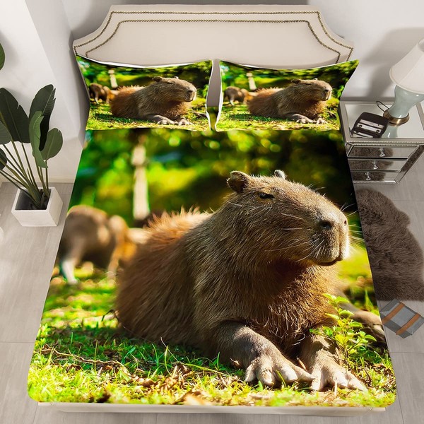 Funny Capybara Bed Sheets Single for Kids Teens Adults,Cute Capybara Relaxing in the Grass Fitted Sheet Funny Mouse Animal Bedding Set for Boys Girls,3D Capybara Printed 2 Piece Bedding Decor Set