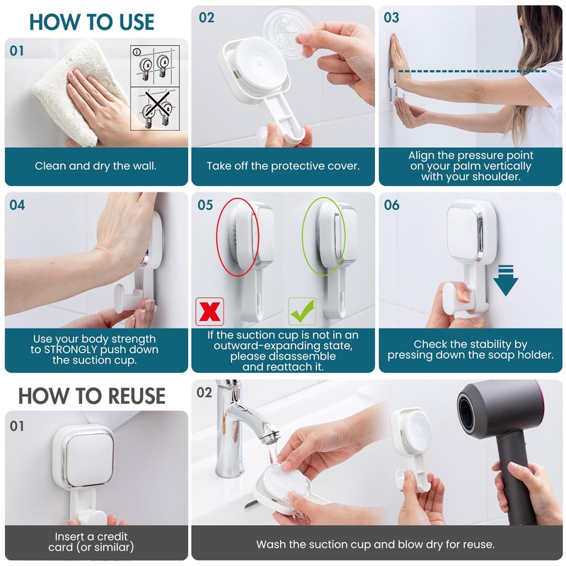 TAILI Heavy Duty Suction Cup Shower Hooks 4 Pack, Damage-Free