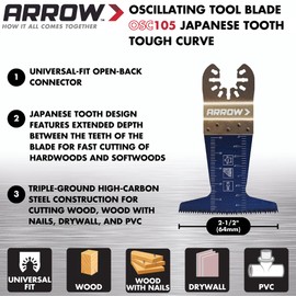Arrow OSC105-1 Japanese Tooth Tough Curve Wood Oscillating Blade for Hardwood, PVC, Drywall, Universal, Fits Most Multitools, 2-1/2 inch