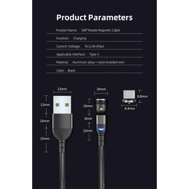 ElectroWorldFR Magnetic Charging Cable 540° 2 m LED with 3 Attachments Type C 540
