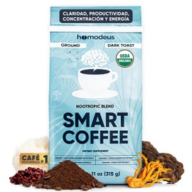 Homodeus Café Molido Orgánico Nootrópico con Hongos Adaptógenos, Melena de León, Cordyceps, Chaga y Uva Roja, Tueste Oscuro, USDA Organic, 30 Porciones, 315 g Smart Coffee