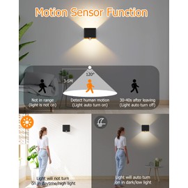 Kinamy Wall Light with Motion Sensor Indoor, LED Wall Lamp Up Down, Wall Lighting Modern Black, Wall Lights for Hallway, Stairs, Kitchen, Living Room, Bedroom, Pack of 2
