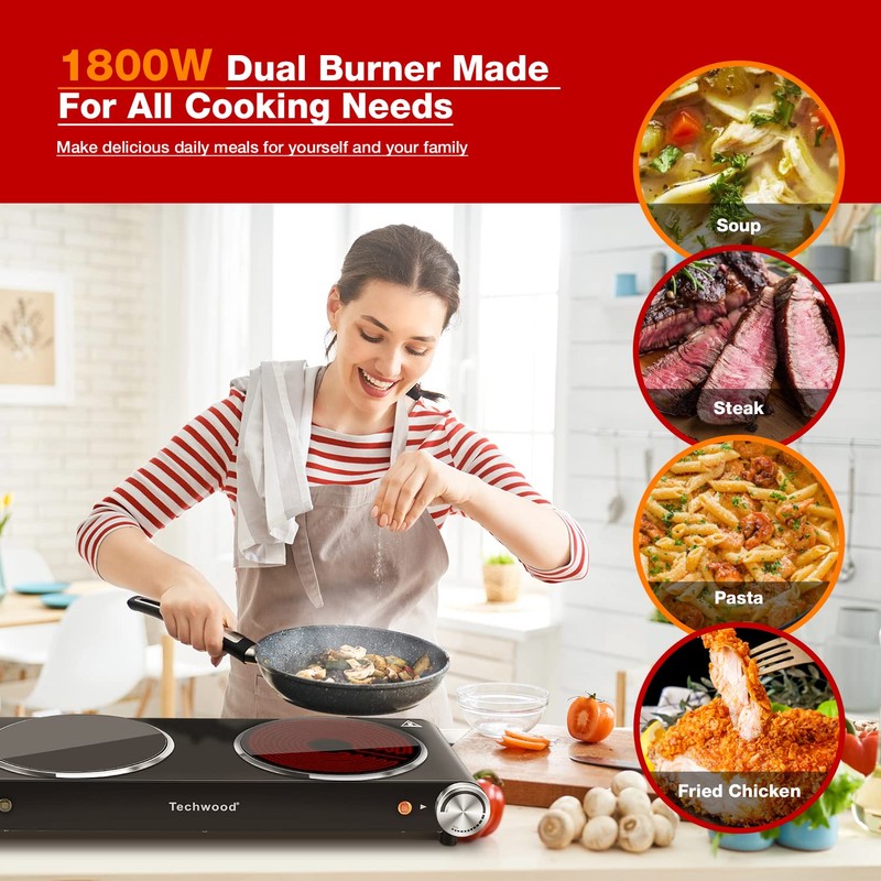 Hot Plate, Techwood 1800W Dual Electric Stove, Countertop Stove Double