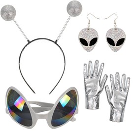 FACATH Silver Alien Costume Headband & Rainbow Lens Glasses Gloves Earring