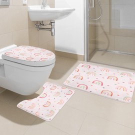 Ufeela 4 PCS Pink Kids Rainbow Shower Curtain Set 72Wx72H Inch Girls Boho Cute Bathroom Rug Set Polka Dot Child Toilet Lid Cover Nonslip U Shape Mat Quick Dry Rubber Backed Dirt Resistant Accessories