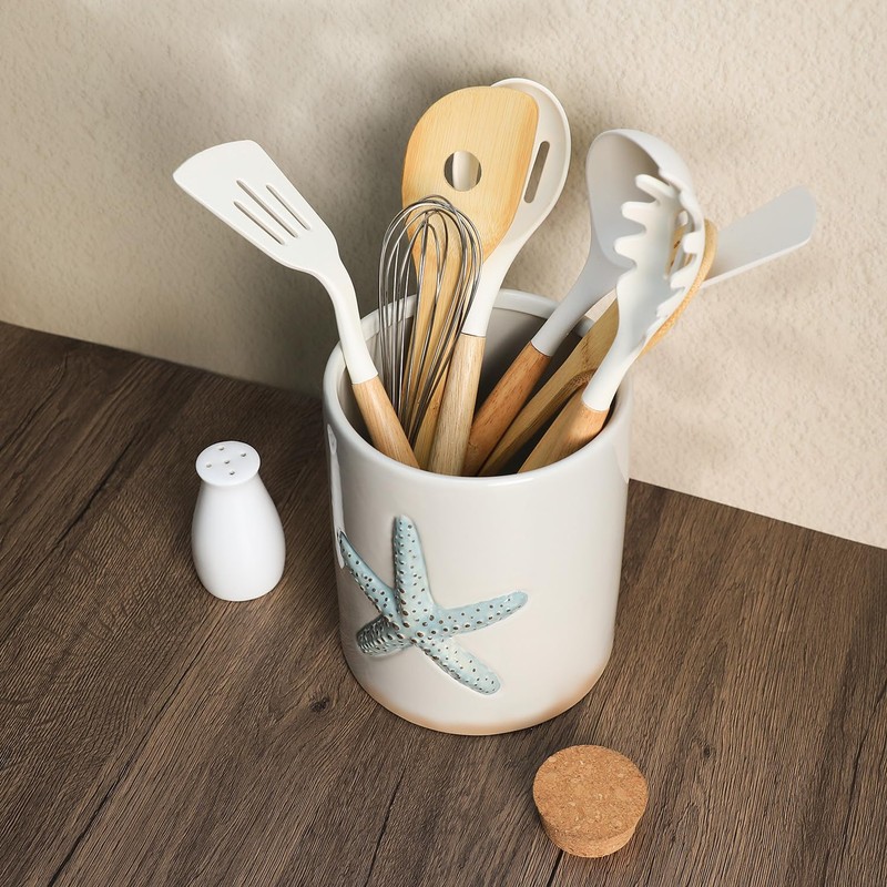 Bicuzat Ceramic Starfish Embossed Utensil Holder, Large Cooking Utensil Crocks