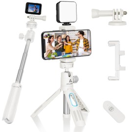Ailight 11.2'' Phone Tripod & Selfie Stick,Extendable Portable Mini Tripod Stand with Wireless Remote for Video Recording- Adjustable Phone Holder & Camera Adapter(Off-White)