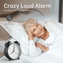 Twin Bell Loud Alarm Analog Alarm Clock, 4 inch Super Silent Non Ticking Small Clock with Night Light, Battery Operated, Simple Design, Old Fashioned, for Heavy Sleeper, Bedroom, Bedside, Desk, Black