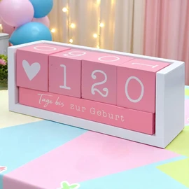 MIJOMA Yearly Countdown Calendar Cube Wooden - Permanent Year Table Calendar - Versatile Countdown to 432 Days for Special Occasions (White/Pink)