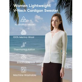 MERINOSNUG Women's 100% Merino Wool Cardigan Sweater Lightweight Button Down V Neck Long Sleeve Casual Fit Knit Dressy Classy White