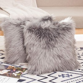 HYSEAS Set of 2 Decorative Faux Fur Throw Pillow Covers, Grey Fluffy Soft Fuzzy Square Cushion Cover Pillow Case for Sofa, Couch, Chair, Bed, Cafe, 18 x 18 Inches