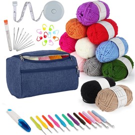 YOYEAH 46-Piece Crochet Hook Set for Beginners with 12 Colours Crochet Yarn, Ergonomic Crochet Hooks Set 2-8 mm, Navy Blue Crochet Bag and Accessories, Crochet Hook Set for Knitting and Crocheting