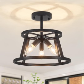 3-Light Industrial Semi Flush Mount Ceiling Light, Modern Black Kitchen Hallway Light Fixtures, Farmhouse E12 Ceiling Lamp for Entryway Foyer Passway Bedroom Closet Laundry Room Lighting, UL Listed