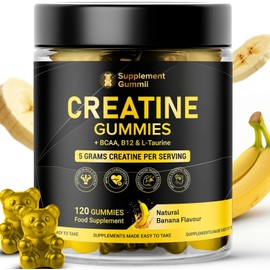 Creatine Monohydrate Gummies 5000mg with BCAA 500mg, Vitamin B12 200mcg & Taurine 500mg - 120 Vegan Gummies for Men & Women - Muscle Growth, Strength & Recovery - Banana