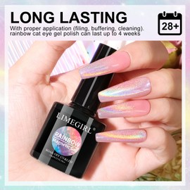 LimeGirl 9D Rainbow Cat Eye Gel Nail Polish, with 5 Colors Sheer Nude Nail Polish Set, Glitter Iridescent Nail Polish, Long-lasting 30+ Days, Holographic Magnetic Manicure Kit for Nail Art Salon