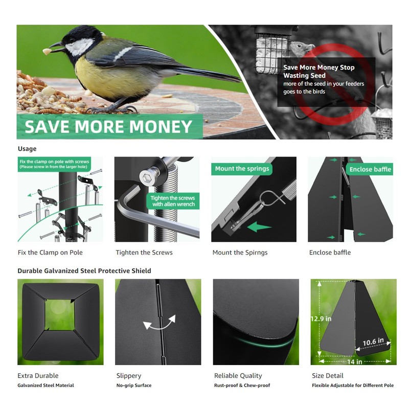 Wide Squirrel Baffle for Bird Feeder Pole, Outside Pole Mount