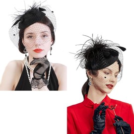 4 Pieces 50s Fascinators Hat for Women,Wedding Veil Hat Cocktail Tea Party Hat and Lace Glove Pearl Necklace Earrings,Bowknot 20s Headwear Feathers Mesh Headband Black