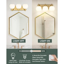 METWET Bathroom Light Fixtures, 3-Light Brushed Gold Vanity Light, Modern Wall Sconces with Milk White Globe Glass Shade, Vanity Lighting Fixtures Over Mirror, VL195-BG-ML-3