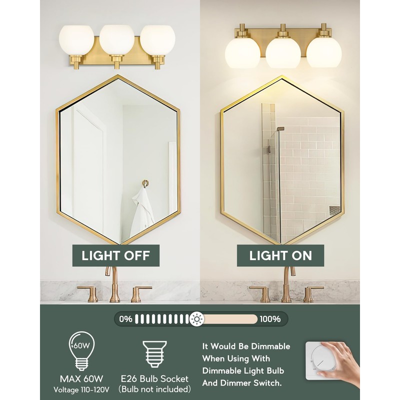 METWET Bathroom Light Fixtures, 3-Light Brushed Gold Vanity Light, Modern