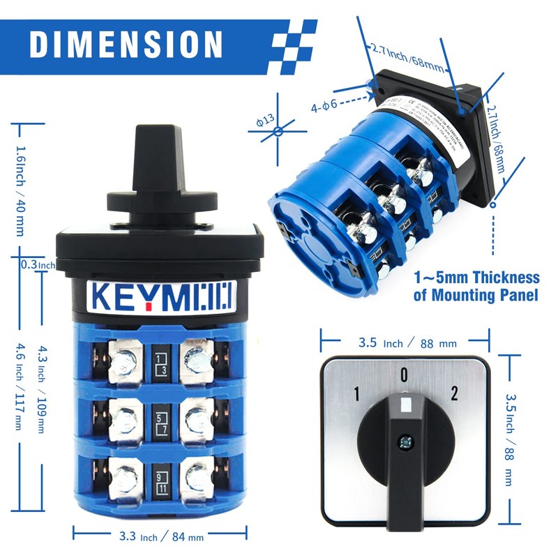 KEYMOO 125A Rotary Changeover Switch, 660V 3 Position 3 Phase