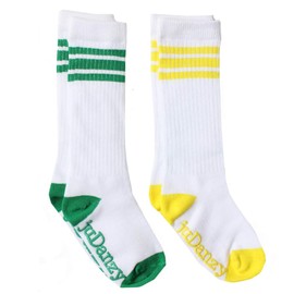 juDanzy 2 Pack of Baby, Toddler and Kids Knee High Tube Socks for Boys and Girls with Grips (2-4 Years, White with Green & Yellow Stripes)