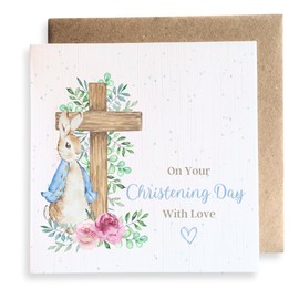 Second Ave Cute Blue Bunny Rabbit Christening Day Square Card Religious Greeting Card for Boy