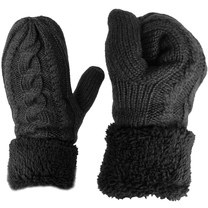 KMystic Plush Lined Cuffed Winter Knit Mittens (Black), One Size