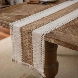 Boho Table Runner 78 Inches Cream&Brown Rustic Macrame Table Runners with Tassels for Bohemian Wedding Decoration Rustic Bridal Shower Dining Bedroom Decor(63*11.8inch)