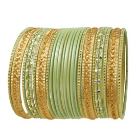 Touchstone Colorful 2 Dozen Bangle Collection Indian Bollywood Designer Jewellery Pastel Pistachio Gold Glaze Special Large Bangle Set of 24 Gold Tone Bangles for Women, Metal