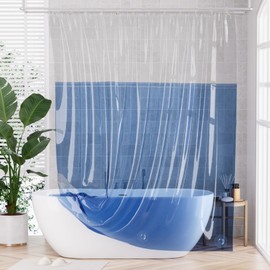 AmazerBath 100% EVA Shower Curtain Liner, 72 x 72 Inches Heavy Duty Shower Curtain and Liner 2-in-1 with 3 Clear Stones and 12 Brass Grommets, Color Block Soft Shower Liner - Clear & Ocean Blue