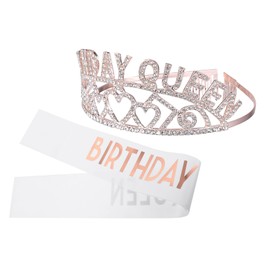 BIUDECO 2-in-1 Party Set Photo Prop Tiara and Sash Headband for Birthday Decorations for Girl