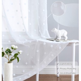 Beauoop Semi Sheer Window Curtains 72-inch Long for Girls Room Bedroom Pretty Pom Pom Dot Floral Voile Kids Curtain Drapes Home Decorative Ring Top Window Treatment Set, 2 Panels, 54 x 72 Inch, White