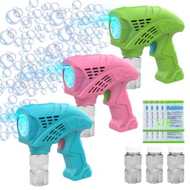 Babuloo 3 Packs Bubble Guns for Kids, Bubble Machine 5000 Bubbles with 3 Bottle Solution/10 Bag Refill/Lights, Portable Bubble Blower Gun Toys for Outdoor Party Wedding