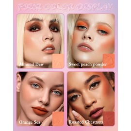 Matte Face Blush Palette Kit with Brush-4 Colors Pink Purple Orange Silky Mineral Blendable Blusher Contour Powder for Cheeks,Longlasting Professional Facial Beauty Makeup Gift for Women Girl-Set 02