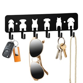 Key Hooks Decorative Dog Leash Holder for Wall, 6 Hooks 9.84×3.14 inch for Wall Decorative Animal Storage Rack Adhesive, Black Key Holder wall Mount for Entrance Living Room Kitchen-Dog Lovers Gifts