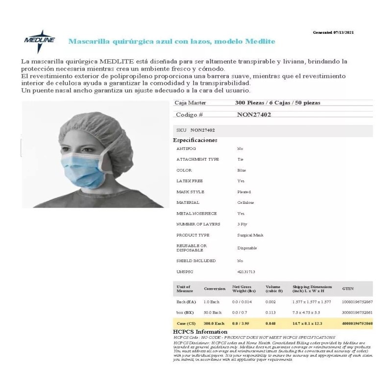Medline Master Cubreboca Quirúrgico Con Lazo Medline (caja C300 Pzs)