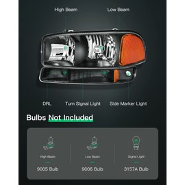 LSAILON Headlight Assembly Replacement Fit 2001-2006 For GMC Sierra 3500 2000-2006 For GMC Yukon 2000-2006 For Yukon XL 1500 2500 Black Housing Amber Reflector Clear Lens Driver and Passenger Side