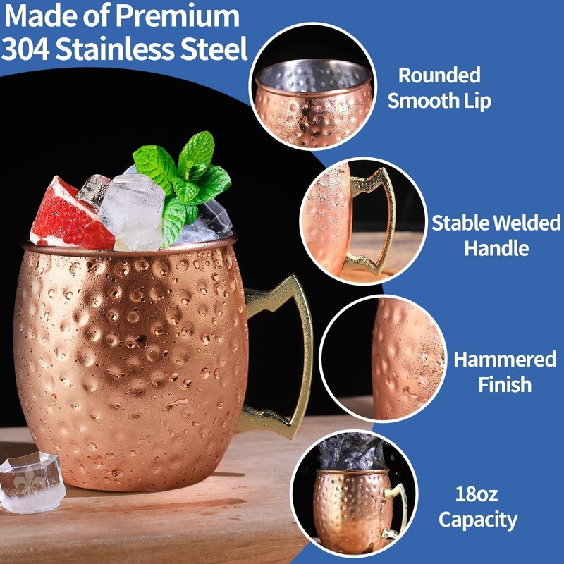 LINALL Moscow Mule Copper Mugs- Set of 6 Copper Plated