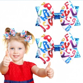 HIFANMM 2Pcs School Bow Hair Clips for Girls Letter Hair Accessories Shiny Blue Glitter Bow Hairpins Litter Girls Alligator Hair Barrettes for Back to School Students Toddlers Kids Outfit