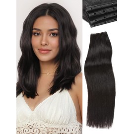 WIGNEE 100% Remy Double Weft Invisible PU OVO Human Hair Extensions 14 Inch Micro Beads Real Human Hair Extensions Natural Black Genius Weft Hair Extensions Human Hair (1B)