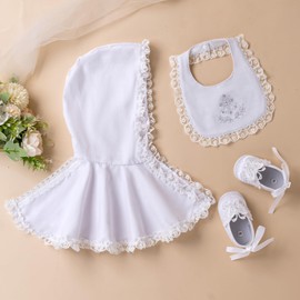 Booulfi Ruffle Baptism Bibs For Baby White Cloak Infant Baby Girl Shoes 0-3 Months 3 Pieces Christening Gifts Baby Girl Newborn Essentials
