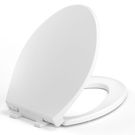Elongated Toilet Seat, 18.5” Soft/Slow Close Oval (Oblong) Toilet Seat for Elongated Toilets, No-Slam Quiet-Close Lid, Easy-to-Install & Clean, Durable Never-Loosen White Plastic Seat