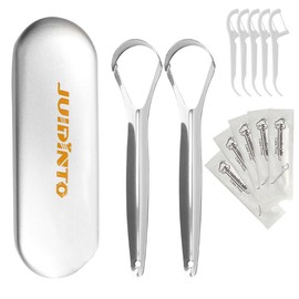 JUIDINTO Tongue Scraper 2 pcs Tongue Scraper with 10 pcs dental floss picks for Adults with Travel Case Medical-grade 100% Stainless Steel Tongue Cleaner Cure Bad Breath