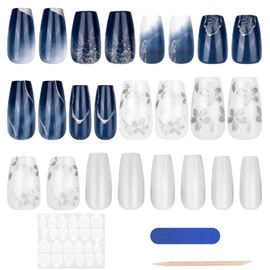 24pcs Flower Press on Nails, with Embossed Floral & Blue Marbling Gradient Full Cover Glue on False Nails for Women Girls Manicure Kit