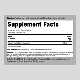 Piping Rock Hyaluronic Acid Capsules 100mg | 150 Count | Premium Joint Support Formula | Non-GMO, Gluten Free Supplement