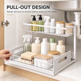 2-Tier Under Sink Organizer for Cabinet Storage – Metal Pull-Out Shelf for Kitchen and Bathroom Organization