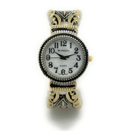 Wincci Ladies Elegant Western Concho Vintage Style Decorated Metal Bangle Cuff Fashion Analog Quartz Watch Mother of Pearl Dial Easy to Read Black Numbers Black Hour Minute Second Hands (Two Tone)