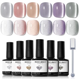 Modelones Magnetic Nail Gel, Colored Gel, Cat’s Eye Gel, UV/LED Compatible, with Magnet, 6 Colors x 0.2 fl oz (7 ml)