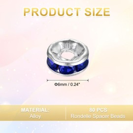 sourcing map 80Pcs Rondelle Spacer Beads, 6mm Rhinestone Spacer Beads Silver Plated Crystal Bead Spacers for DIY Jewelry Making Necklaces Bracelet Pendants, Sapphire Blue